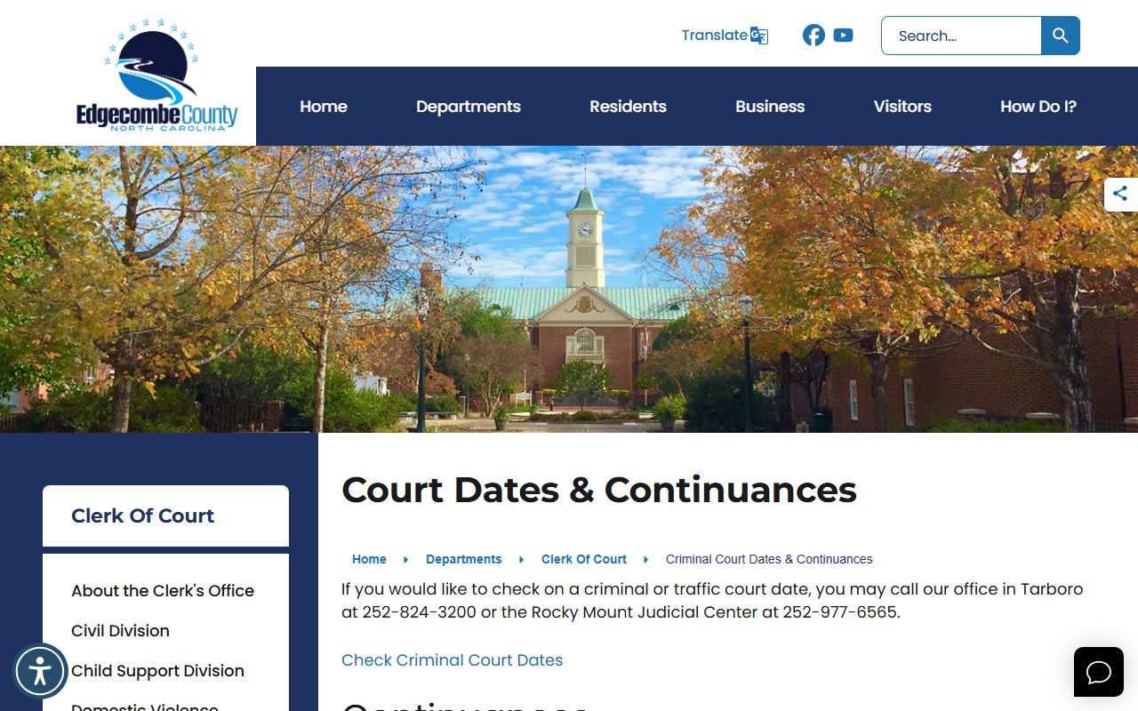Edgecombe County criminal court dates page with Tarboro and Rocky Mount contact numbers