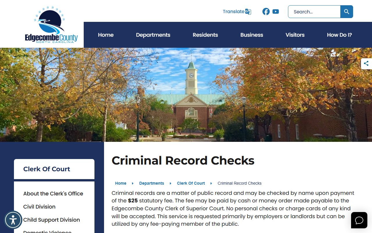 Edgecombe County criminal record check page showing fee and request limits