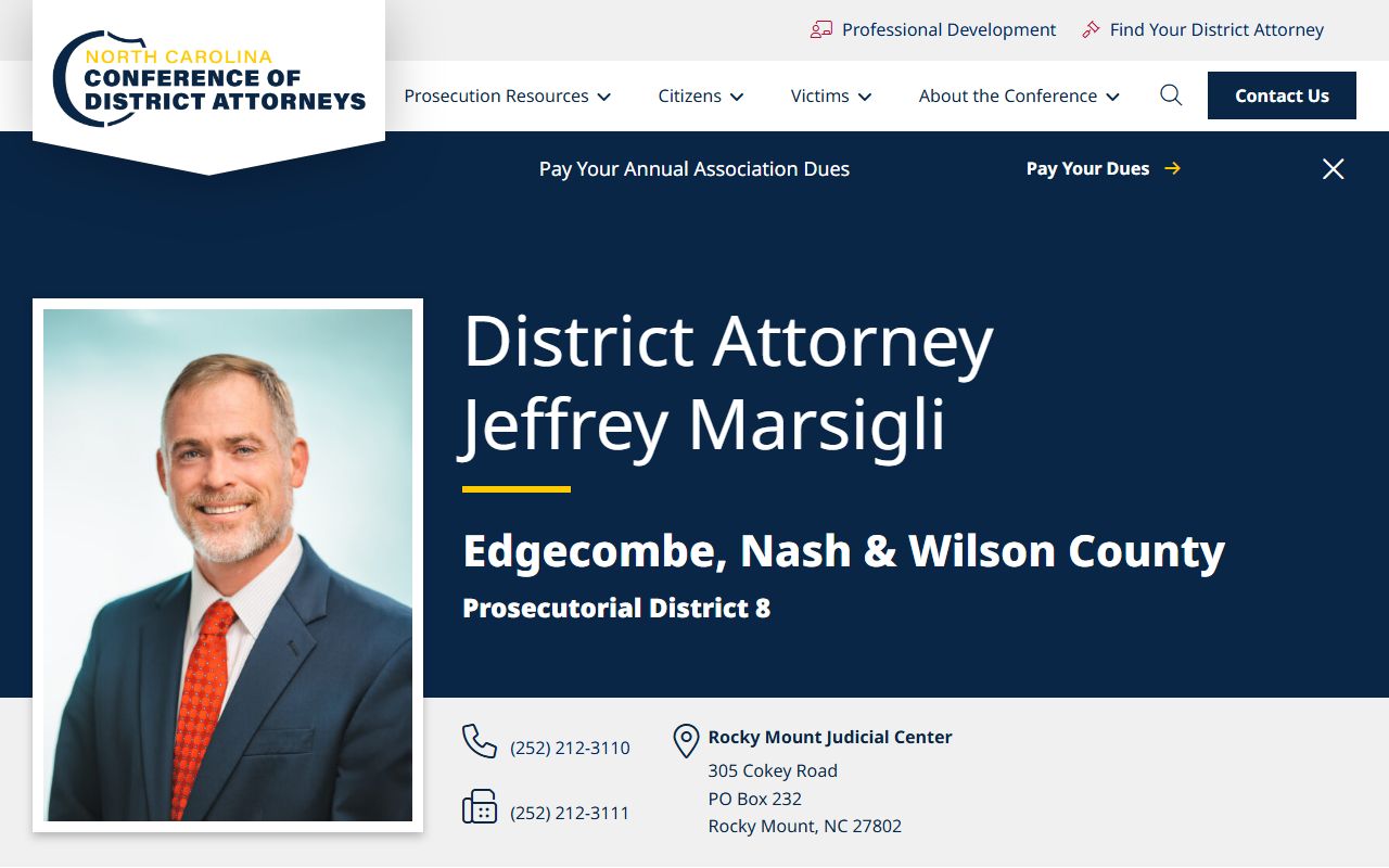 Prosecutorial District 8 page for District Attorney Jeffrey Marsigli and Edgecombe County