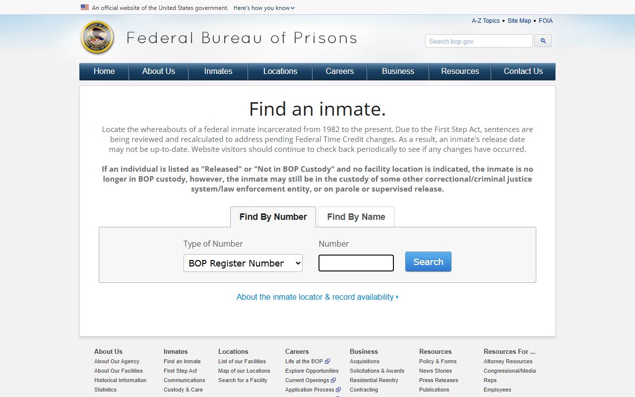 Federal Bureau of Prisons inmate locator notice for federal custody searches